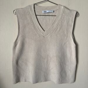 ZARA Women's V-Neck Knit Sweater Vest Cream Size S